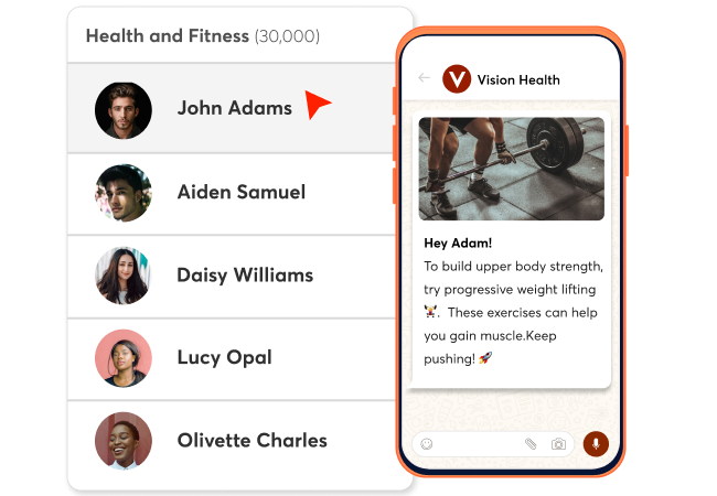 Audience list synced with personalized WhatsApp message delivering targeted health and fitness content
