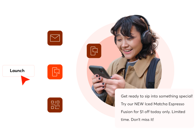 Multichannel campaign launch showing email, SMS, and QR engagement