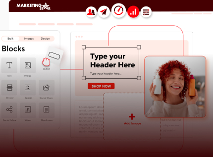 Marketing Star email template builder interface with drag-and-drop blocks for text, image, and button