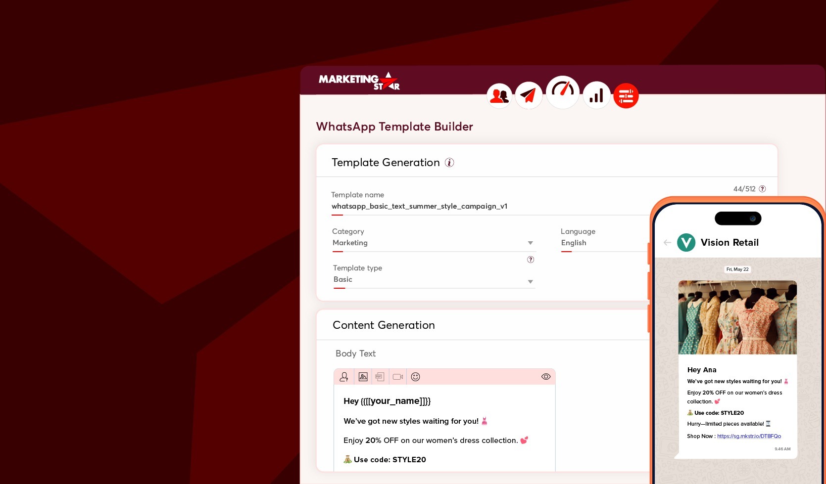 WhatsApp Template Builder interface in Marketing Star showing template generation settings