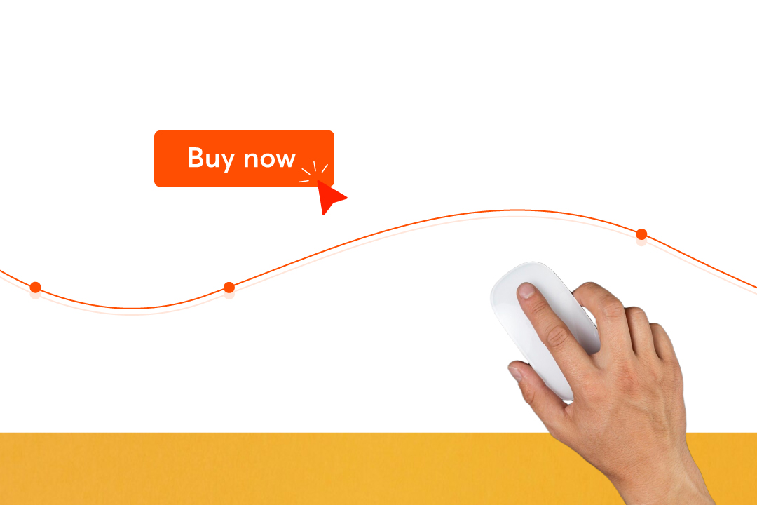Hand with computer mouse clicking 'Buy now' button with growth line, promoting conversion marketing