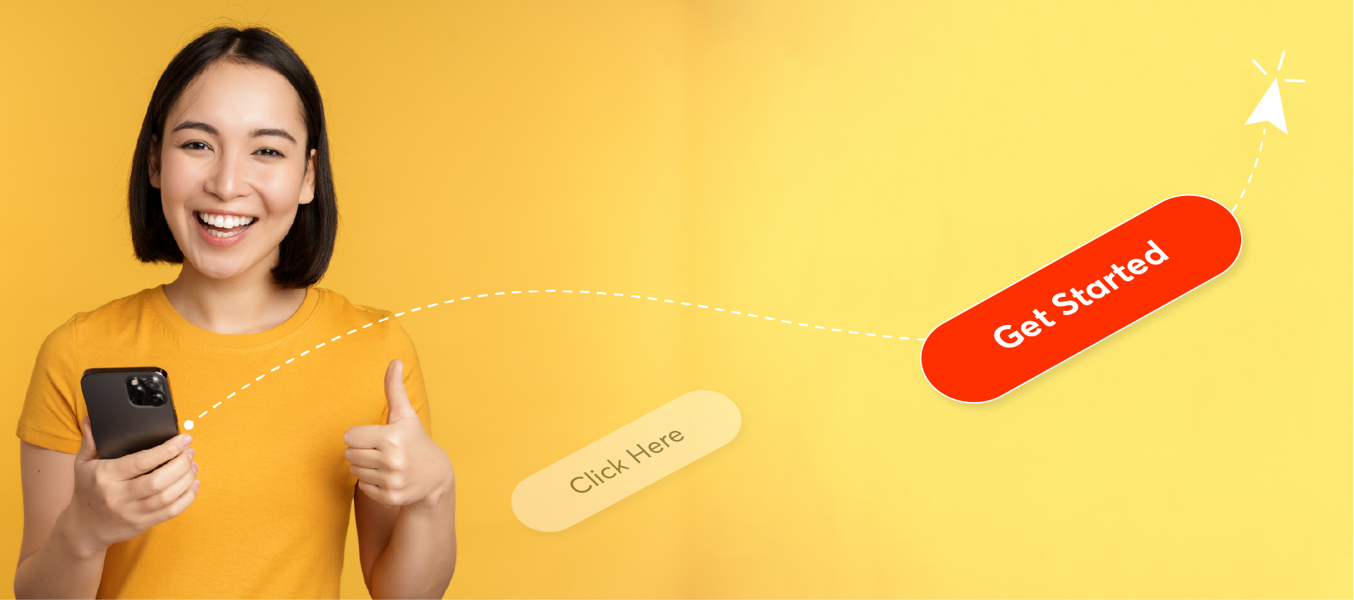 Smiling woman in yellow holding phone with thumbs up, promoting email marketing for Marketing Star