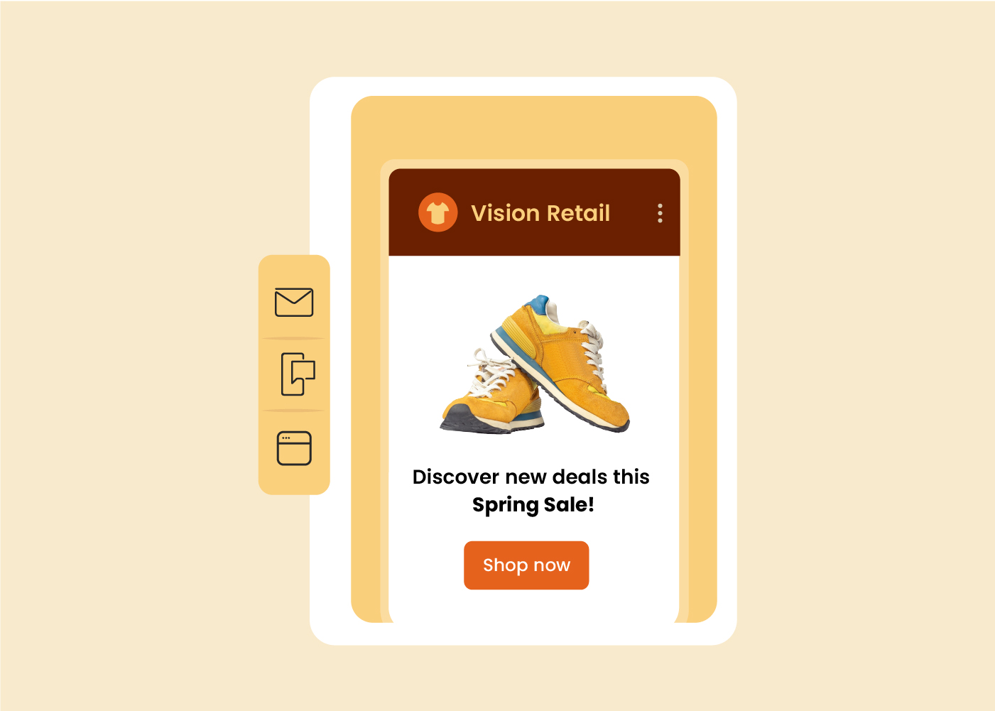 Spring email campaign promotion on mobile showcasing product deals and “Shop now” CTA.