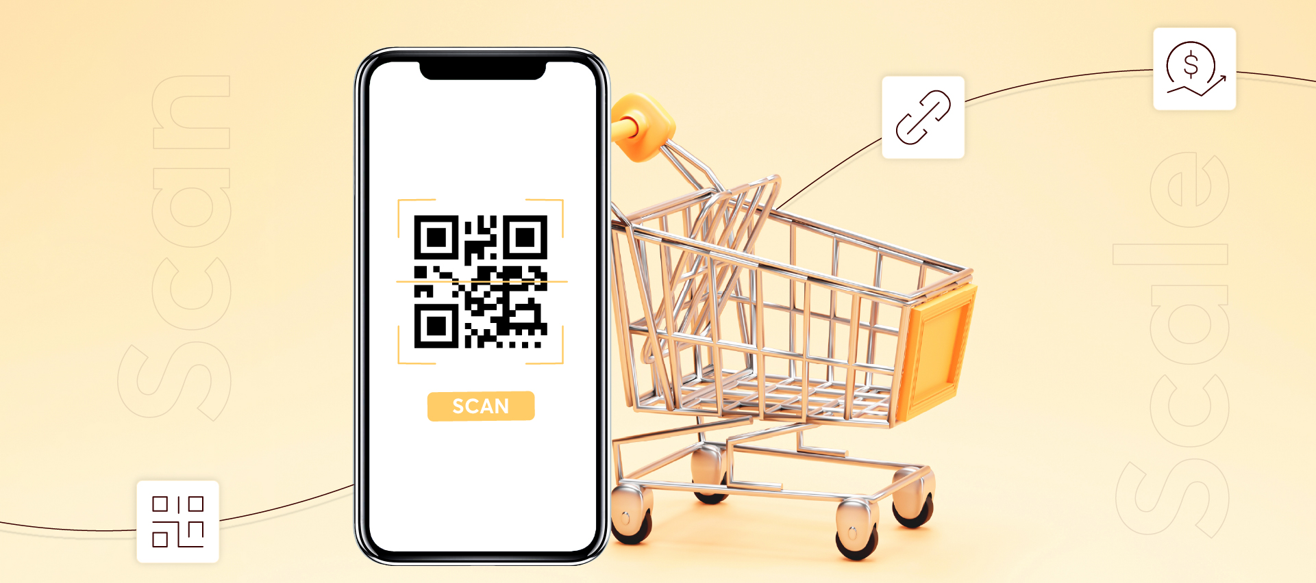 Smartphone with QR code scan screen beside shopping cart, representing digital retail marketing