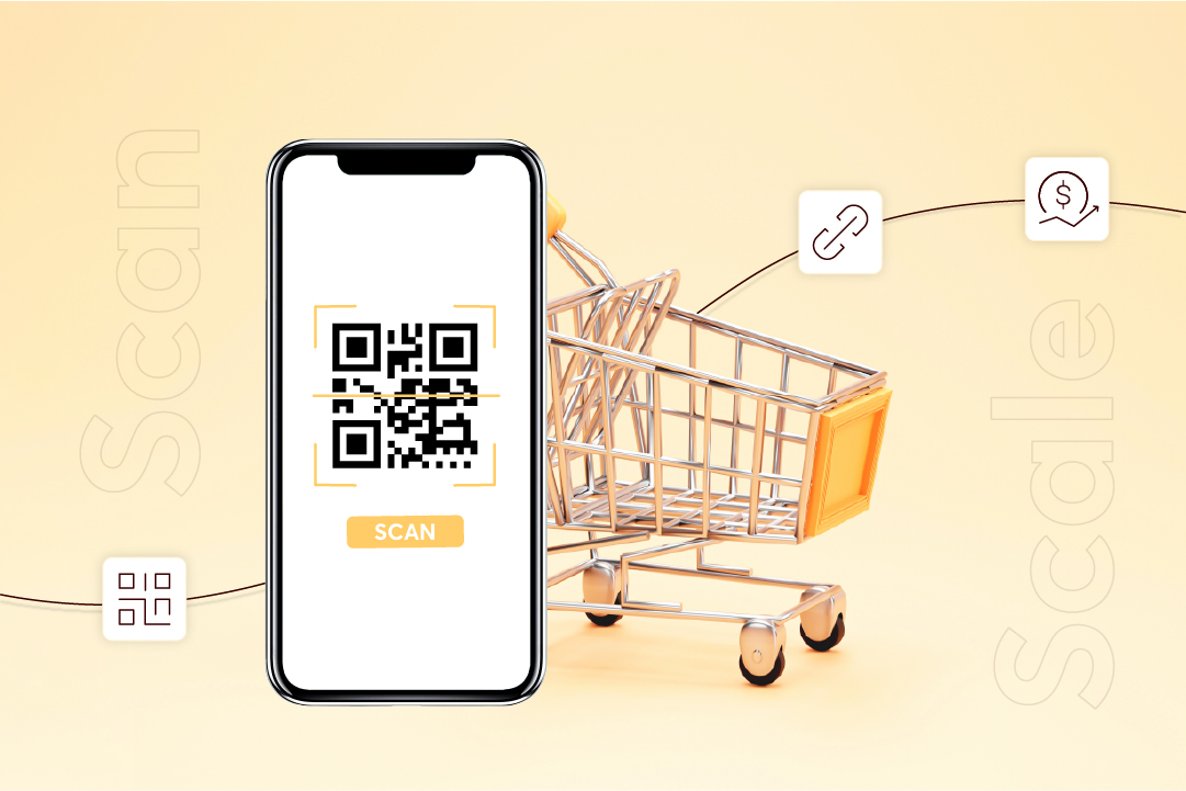 Smartphone with QR code scan screen beside shopping cart, representing digital retail marketing