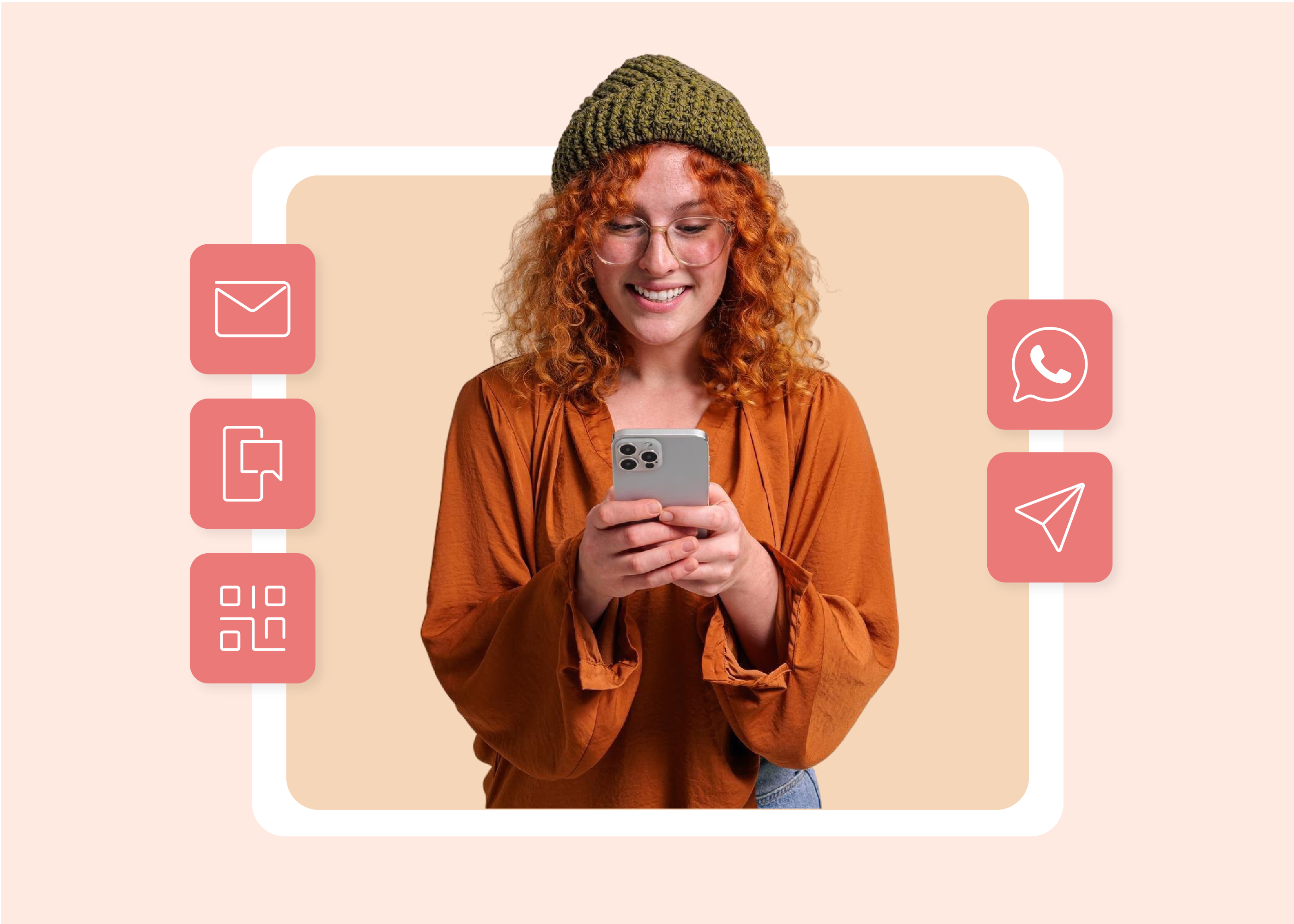 Woman using smartphone with multichannel communication icons - Email, SMS, QR, and WhatsApp
