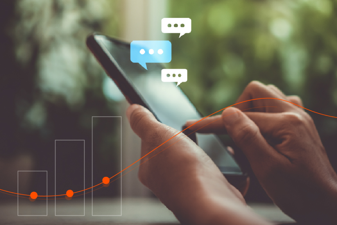 Smartphone with chat bubbles and rising growth chart representing SMS marketing success