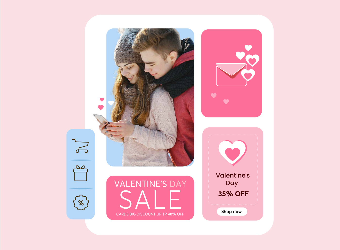 Valentine’s Day sale banner with 35% OFF and up to 40% on cards, driving conversions. 