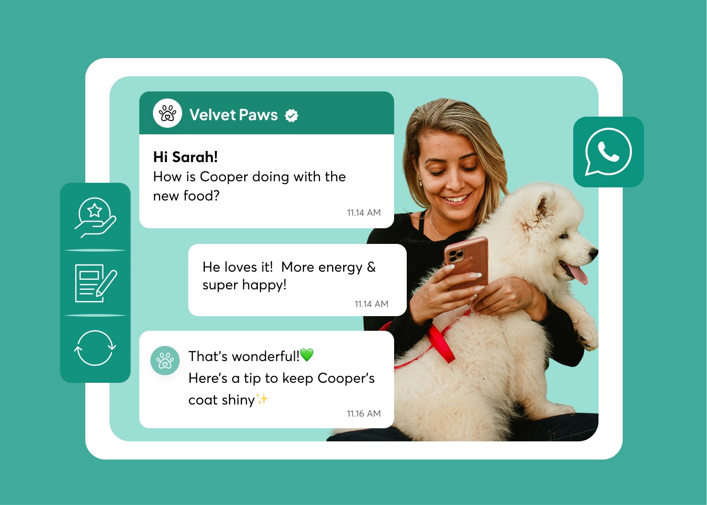 WhatsApp post-purchase engagement conversation between Velvet Paws pet brand and customer Sarah
